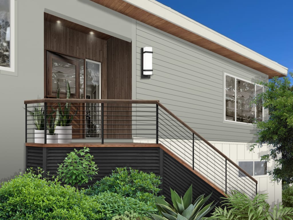 A rendering of a home's main entrance with wood siding and a dutch door