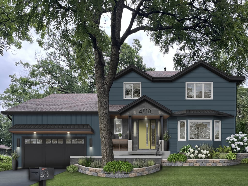 dark blue house with green front door