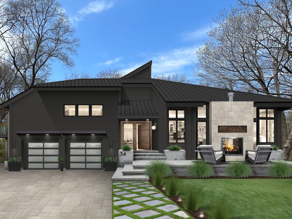 Digital rendering of a black modern house with a stone outdoor fireplace.