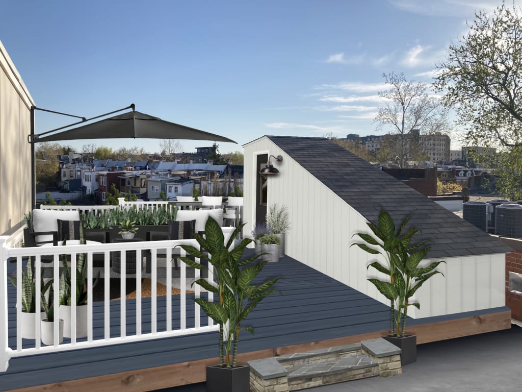 Rooftop terrace with sitting area, shade, and plants.
