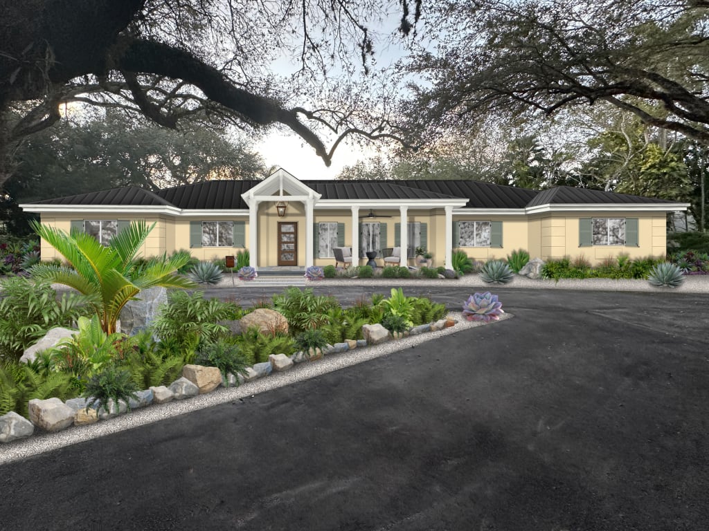 Digital rendering of a home exterior painted pastel yellow.