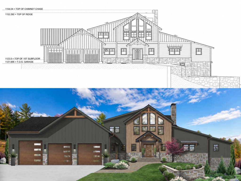 Blueprint design in Ashwood Moss, wood tones, and EcoGold Solstice Stone