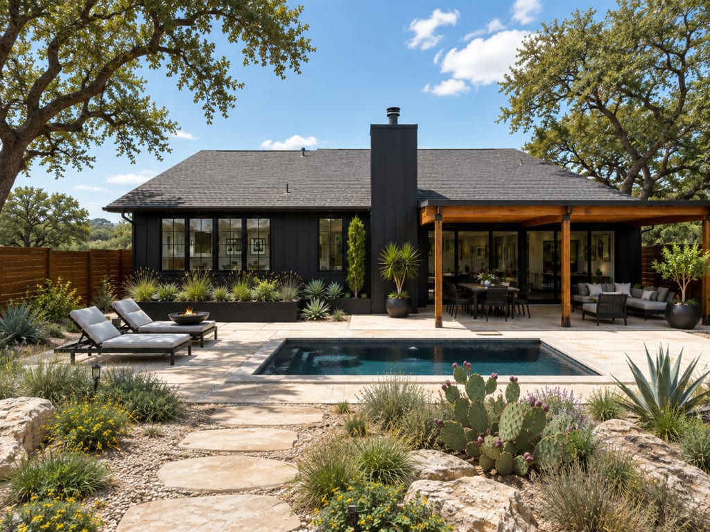 A virtual exterior design by brick&batten of a black desert home with a plunge pool.