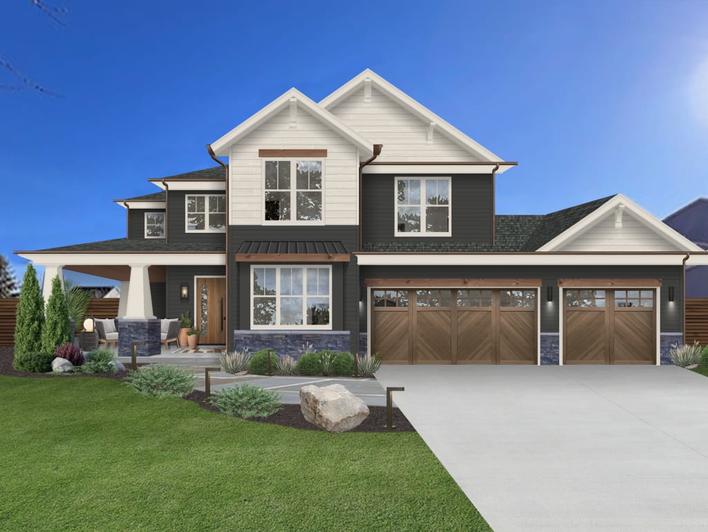 A rendering of a home exterior featuring multiple paint colors on the siding - AI Exterior Design: Benefits of Human Expertise vs. AI Tools