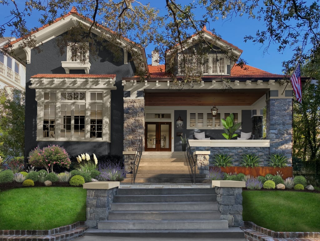 Virtual exterior design of a stucco home painted in Revere Pewter and Raccoon Fur