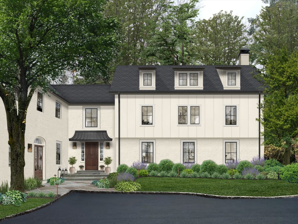 off-white house with black front door awning