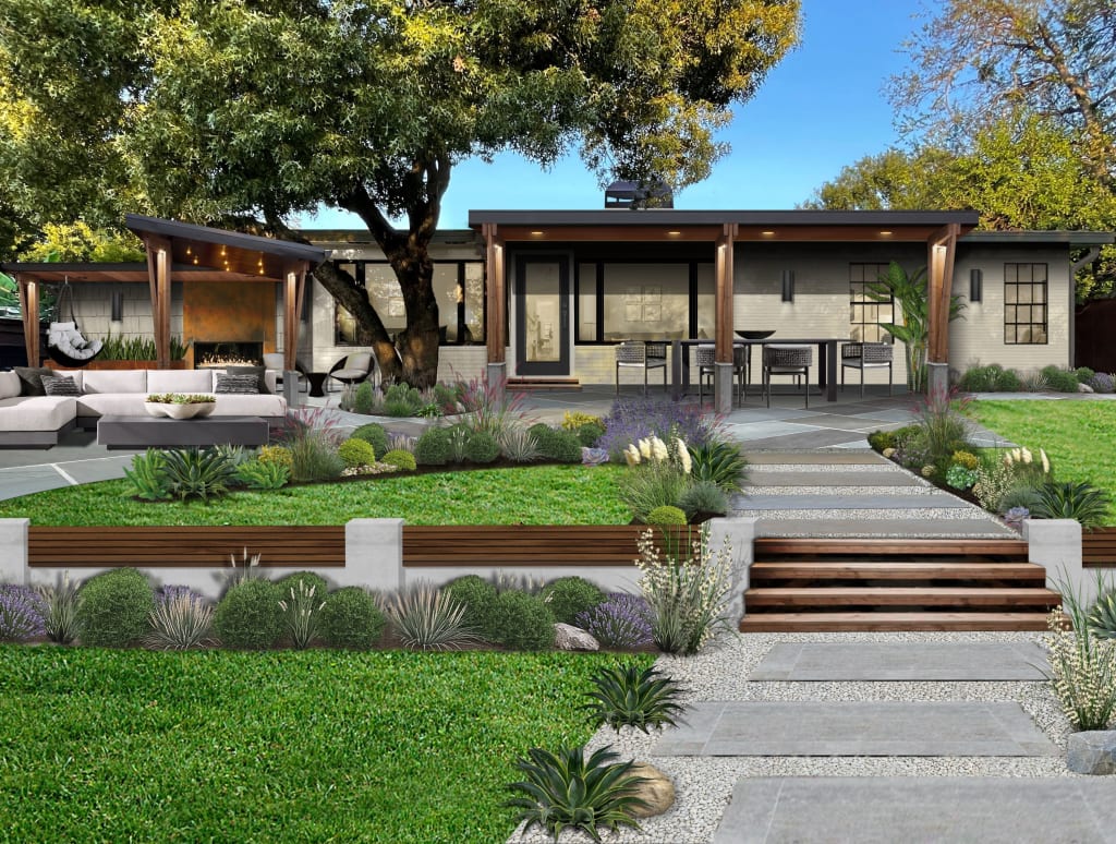 modern home with staggered stairs and a walkway