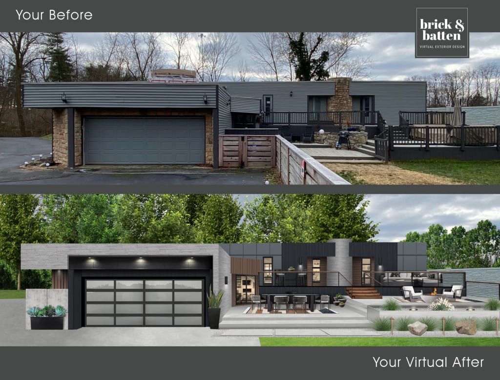 before and after of a contemporary home with a hardscape