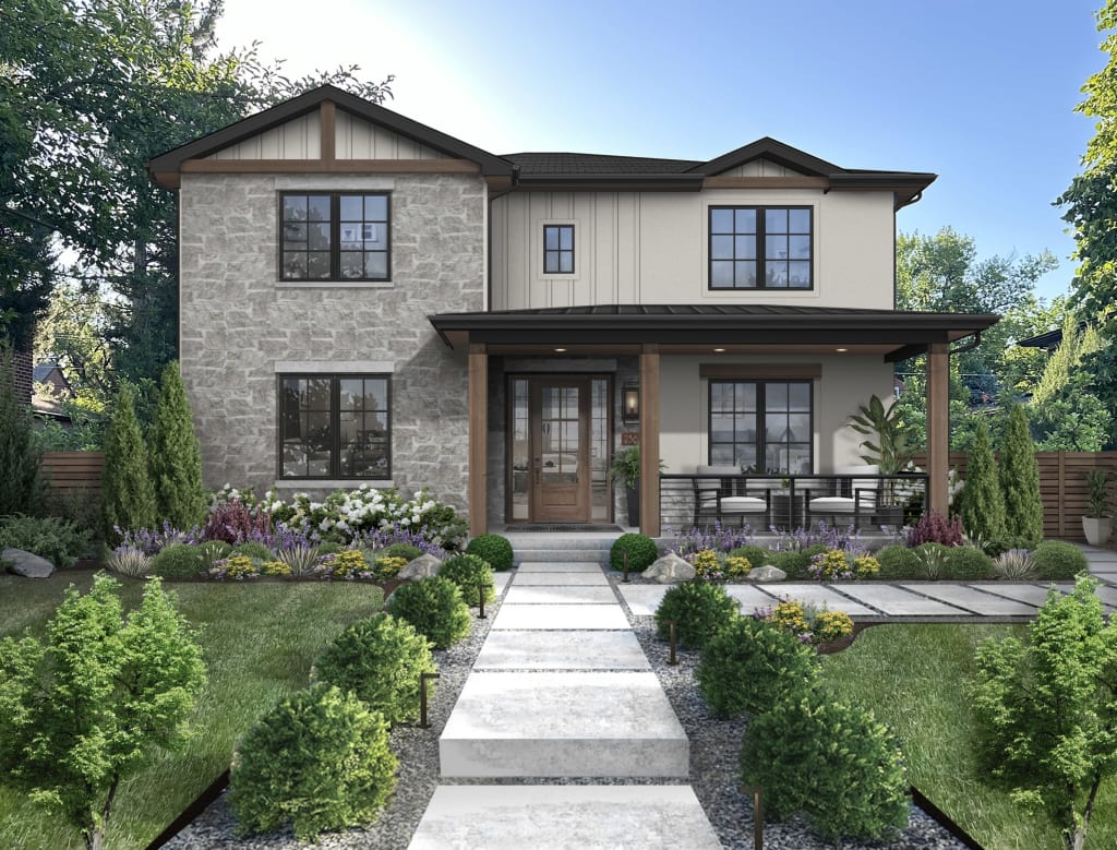 Digital rendering of a traditional home painted in Sherwin Williams' Heron Plume with gray stone cladding, wood columns, and black windows,