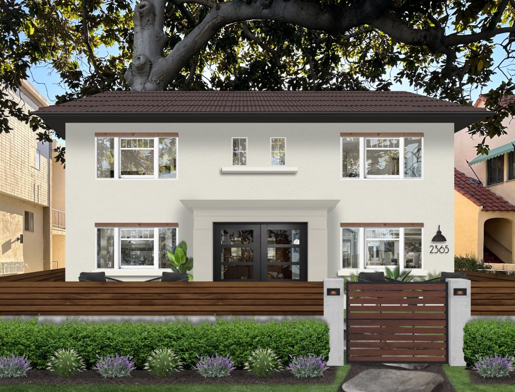 Two-story home with off-white paint and brown roof.