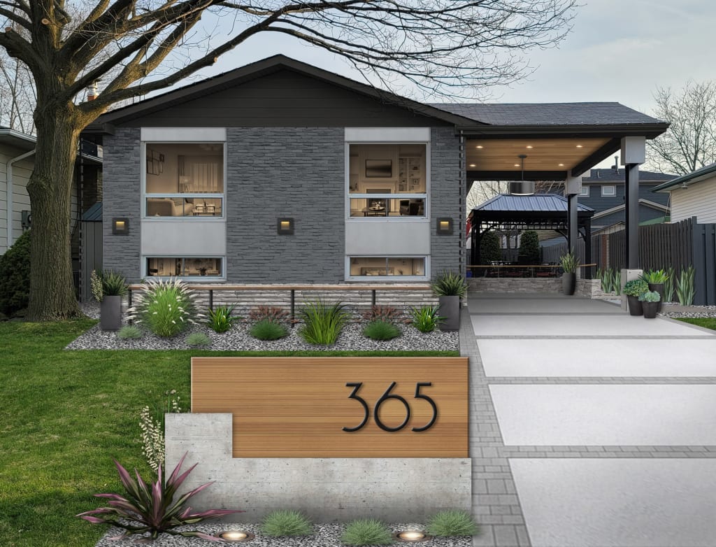 A one-story gray brick house