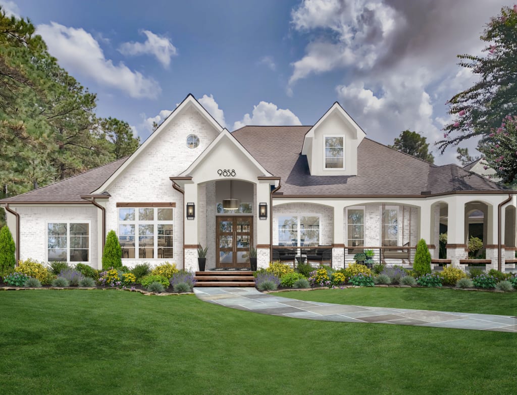 digital rendering of a brick farmhouse painted with thick limewash to look like german smear with a porch and white windows and dormer windows