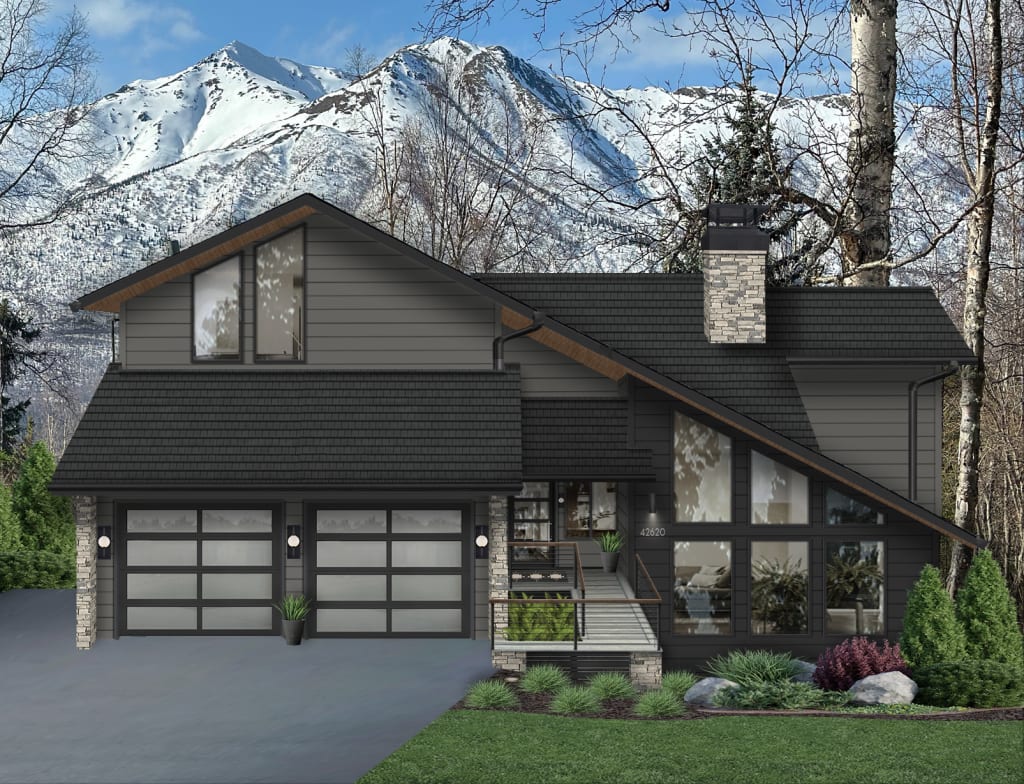 A home rendering with a dark exterior color palette