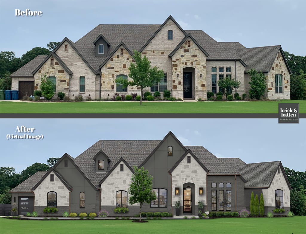 large stone mountain modern home with angular roofs and limewash stone