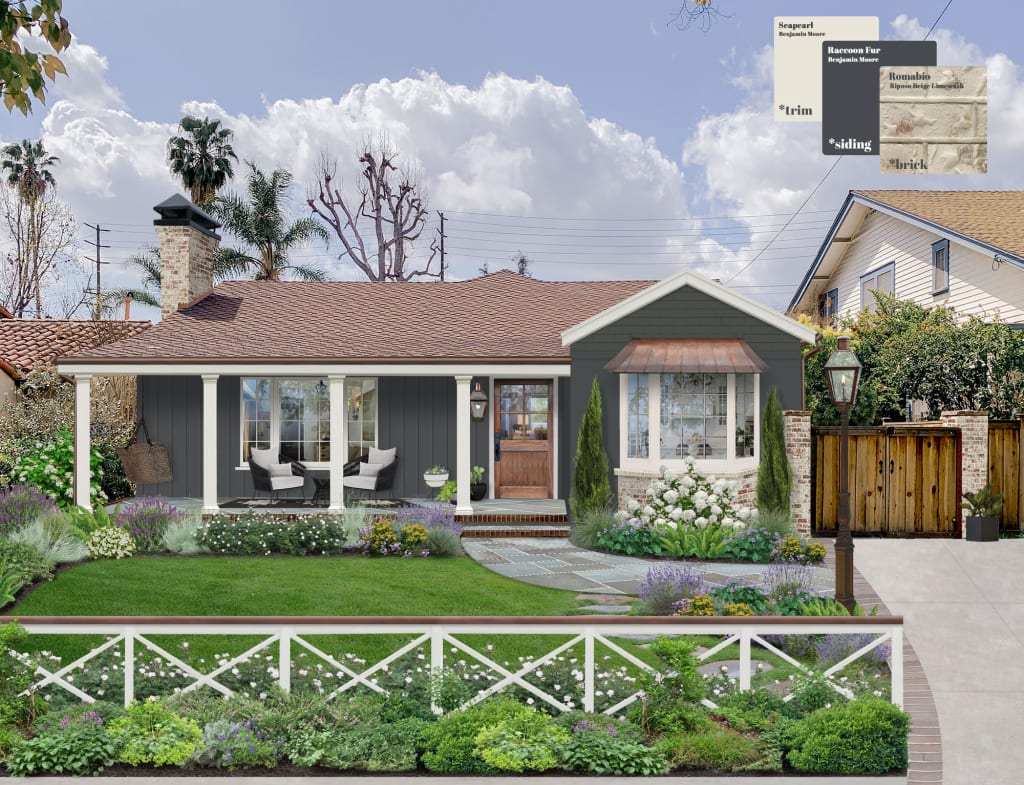 Virtual exterior design of a charming ranch with siding in Raccoon Fur and trim in Seapearl, both by Benjamin Moore, and a Romabio limewash on the brick