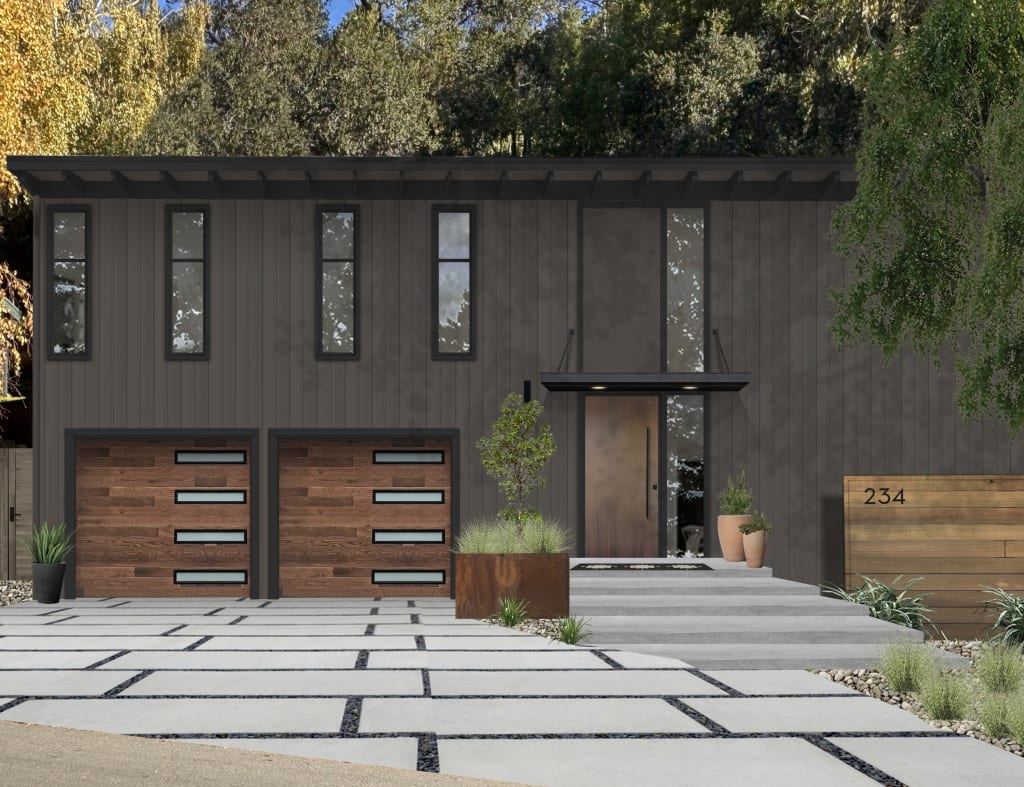 Digital rendering of a dark brown modern home with board and batten siding, wood garage doors, and black windows.