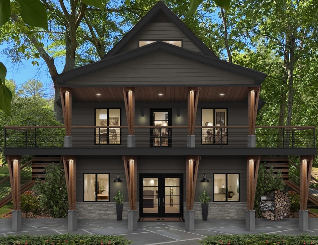 Virtual rendering of a home with a two-story deck and patio