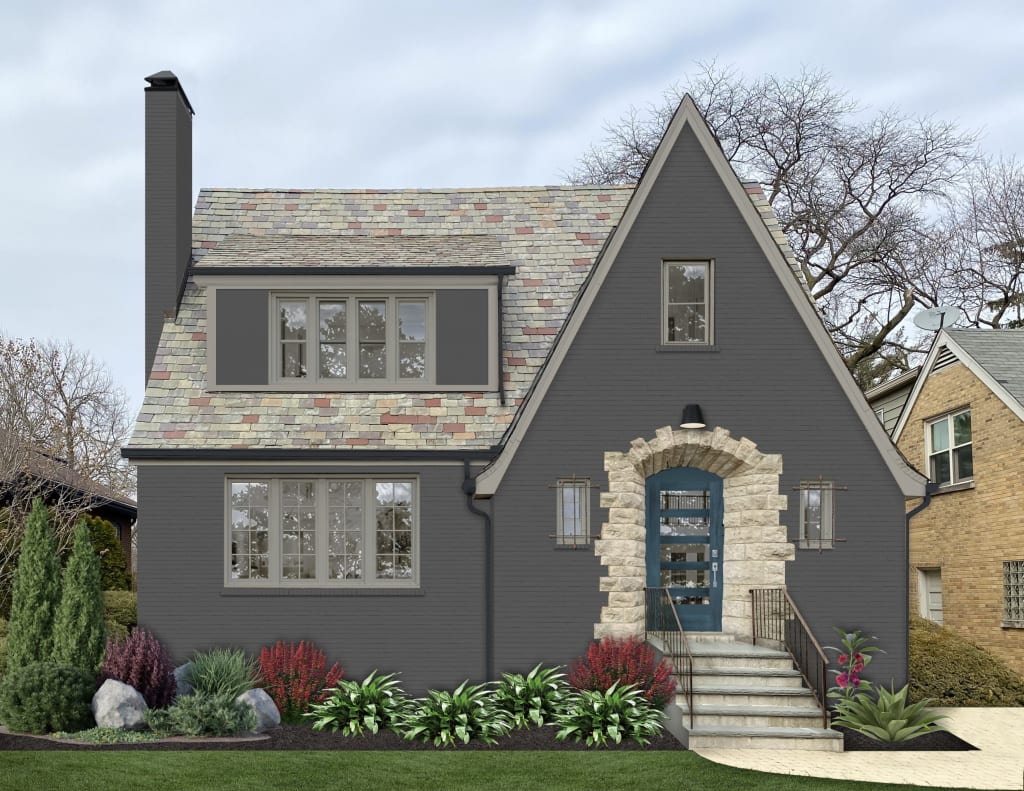 A rendering of a home with one of brick&batten's favorite Home Depot exterior doors