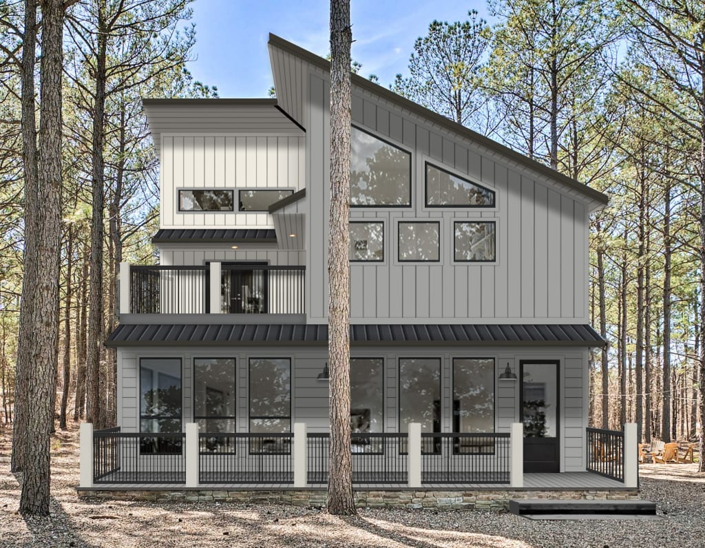 A contemporary home rendered in Shell White by Sherwin Williams and Storm by Benjamin Moore