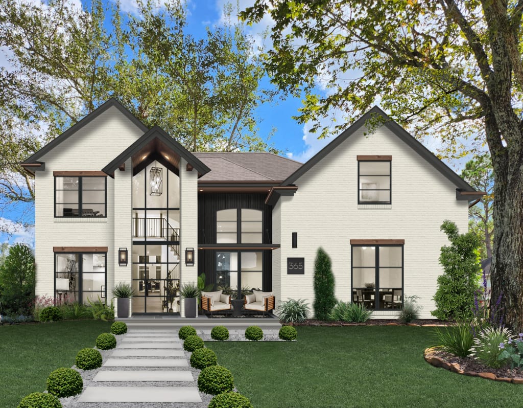 Traditional stye home with large windows, a tall portico, wood lintels, and a stone and paver walkway.