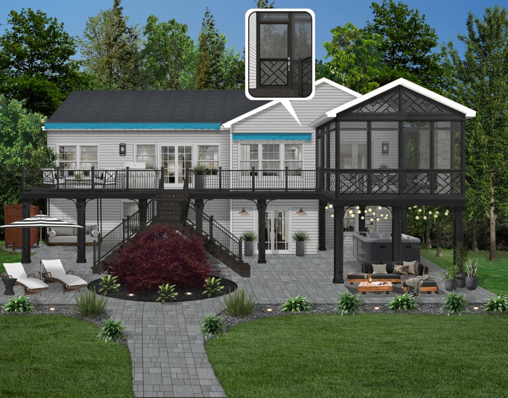 Rear exterior design of a home with plenty of landscape lighting ideas