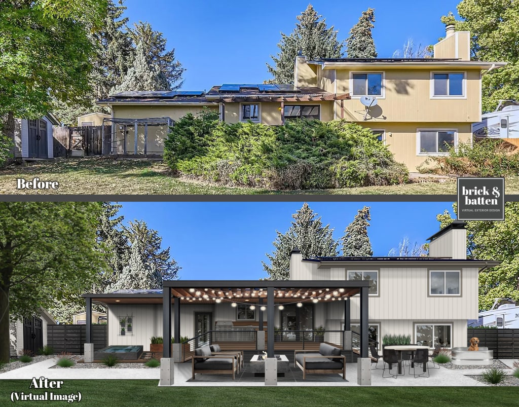 Outdoor renovation ideas featuring a concrete patio with a pergola over a lounge area with string lights.