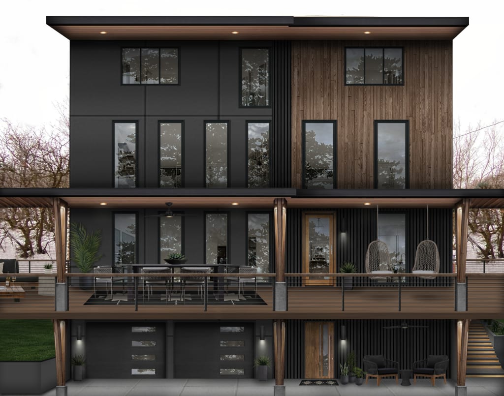 Digital rendering of a four-story home exterior finished in charcoal gray paint and wooden siding.