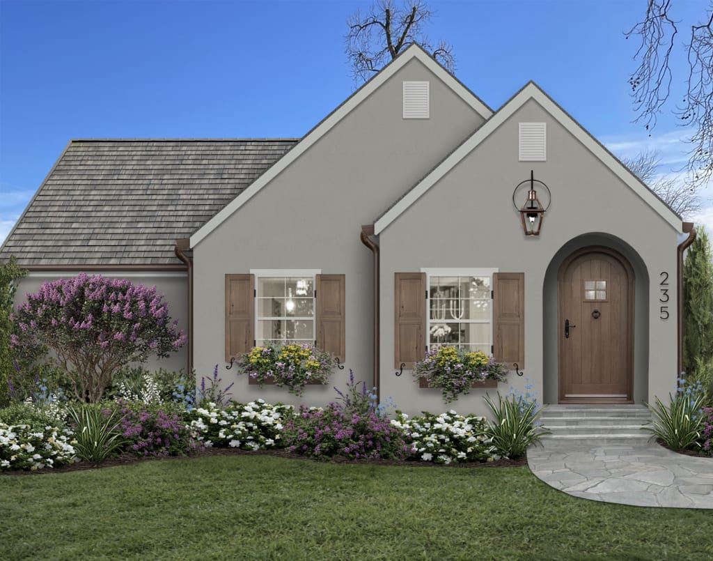 A home exterior design with shutters rendered in one of brick&batten's favorite wood stain colors