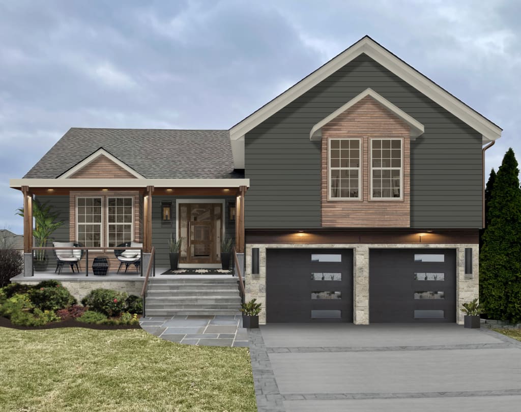 traditional split level home with wood paneling accents