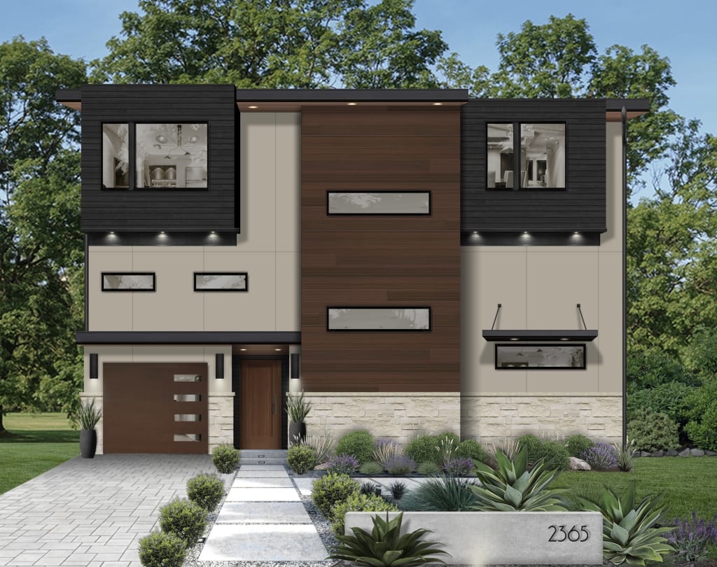 modern house with greige siding and wood and black accents
