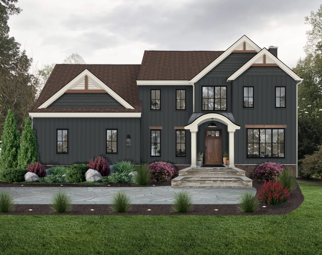 traditional home with curved door awning
