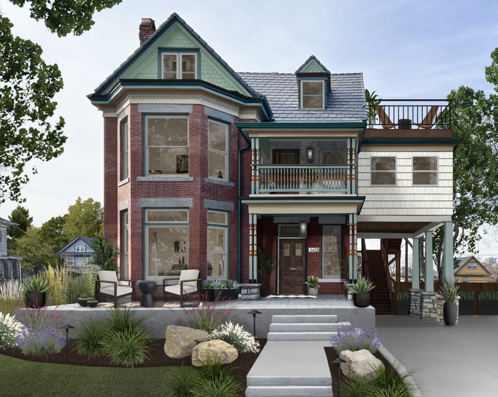 Photorealistic rendering of a Victorian home exterior.
