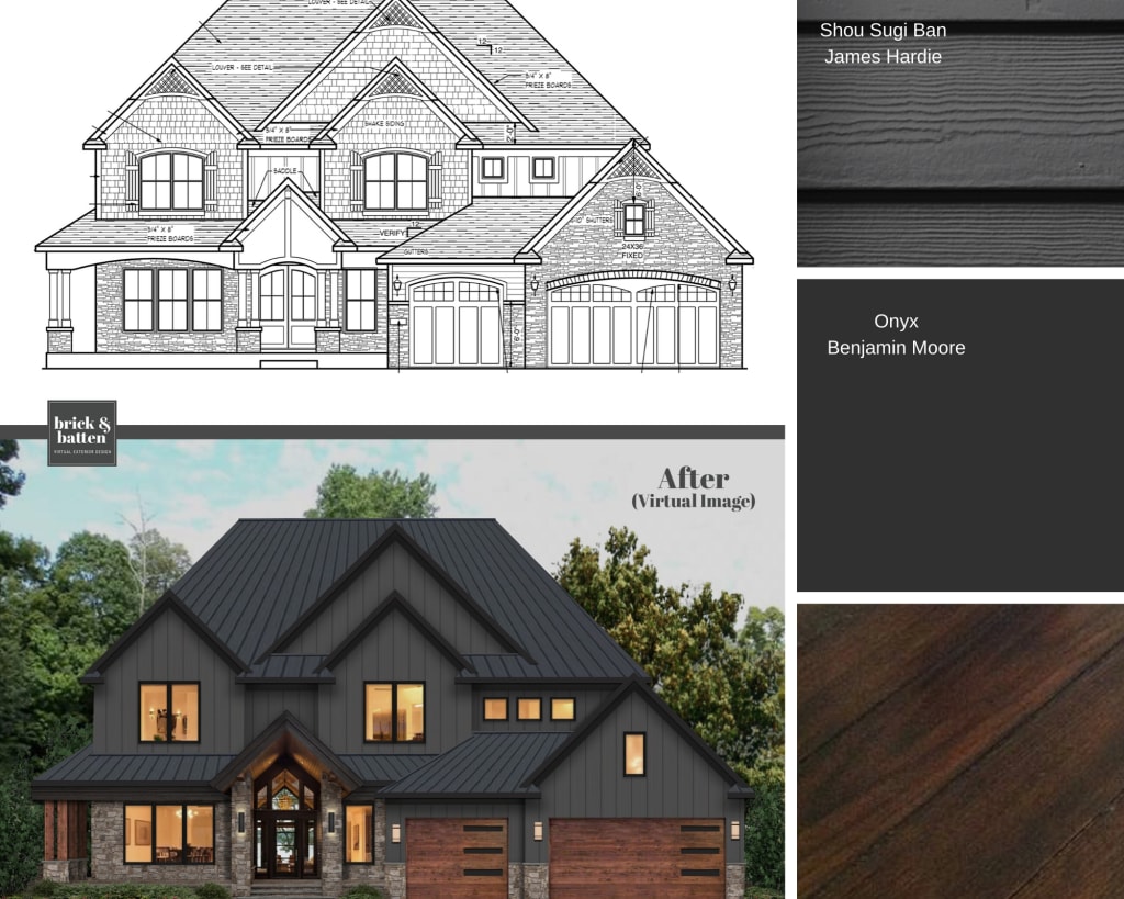 Before and after of a newly-constructed home with the original blueprint serving as the before photo. Combining stone and painted Jamies Hardie (Hardie Board) siding color in Shou Sugi Ban, the home combines wooden garage doors with the gray exterior for a natural look.