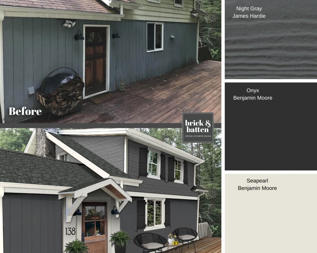 Before and after of a newly-renovated home using James Hardie Hardie Board siding color Night Gray along with a darker black on the shutters and Seapearl color on the trim to bring out the series of arches. A wooden deck leads up to the home, where a quaint sitting area and potted plants now welcome guests at the wooden front door.