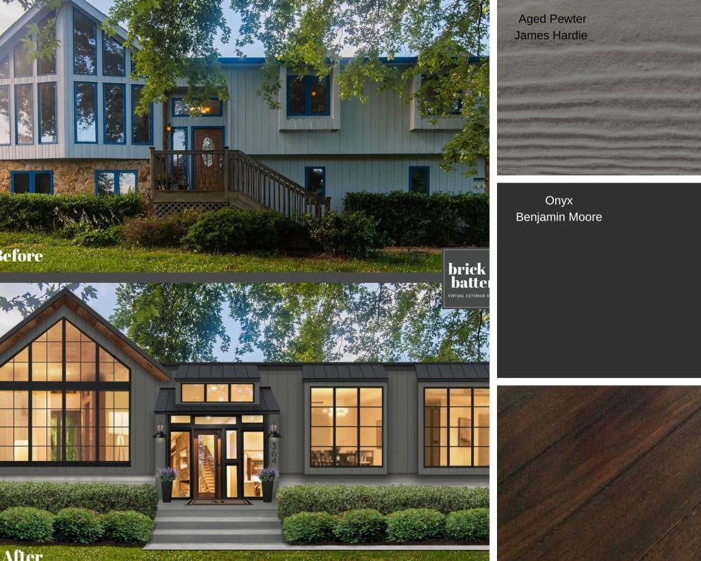 A before and after of a contemporary raised ranch home which has undergone significant renovations. Now, the home features oversized windows and James Hardie Aged Pewter siding color. Under a leafy canopy, the home features a series of steps up to the front door and tiered landscaping in front.