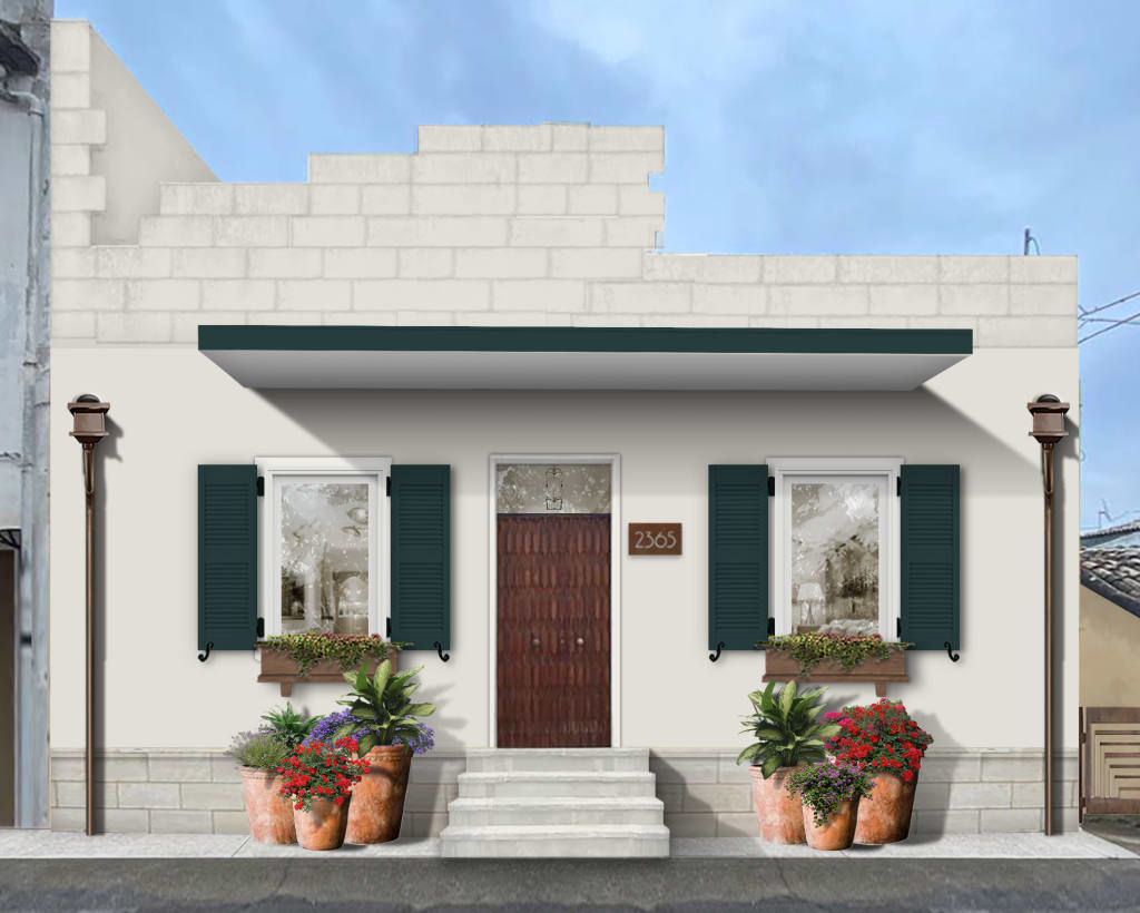 White building with shutters in Sherwin Williams' Cascades, a wood front doo, and large awning.