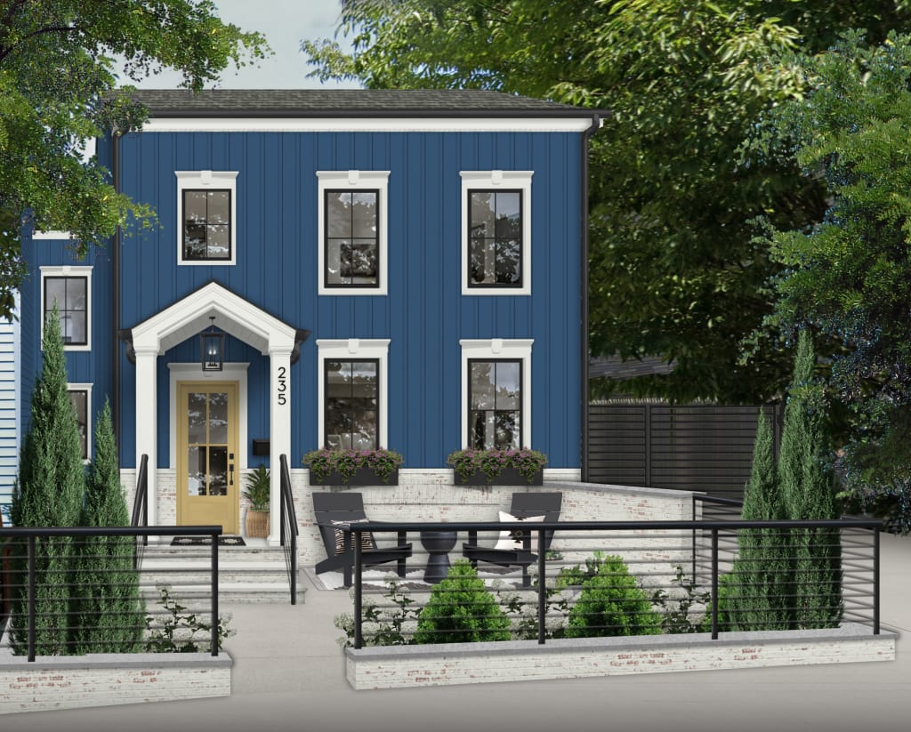 navy house with yellow front door