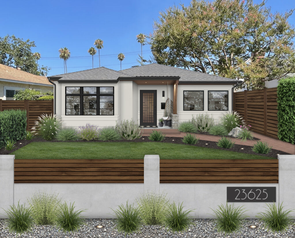 Rendering of a home exterior featuring white siding and black accents.