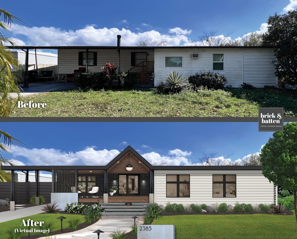 before and after of a small, black and neutral contemporary home with wood accents