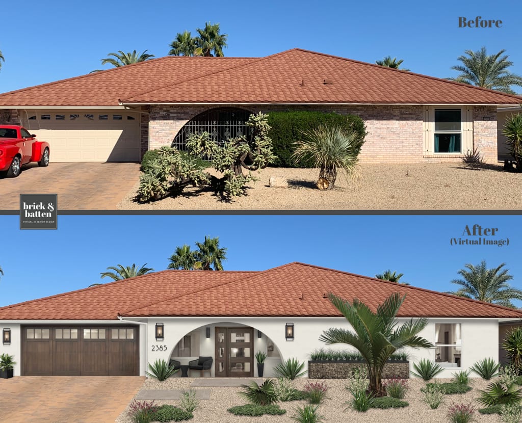 Before and after exterior view of a stucco home