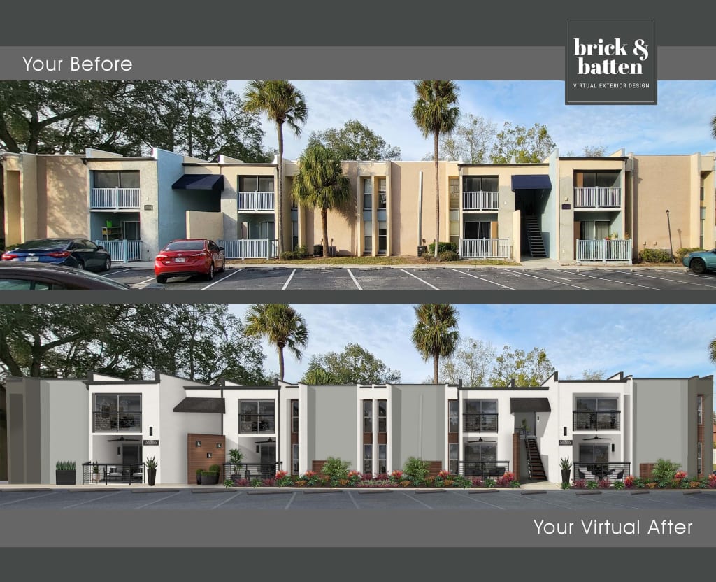 Before and after of an apartment building, redesigned. After shows colorblocked palette of Gray Matters and Greek Villa