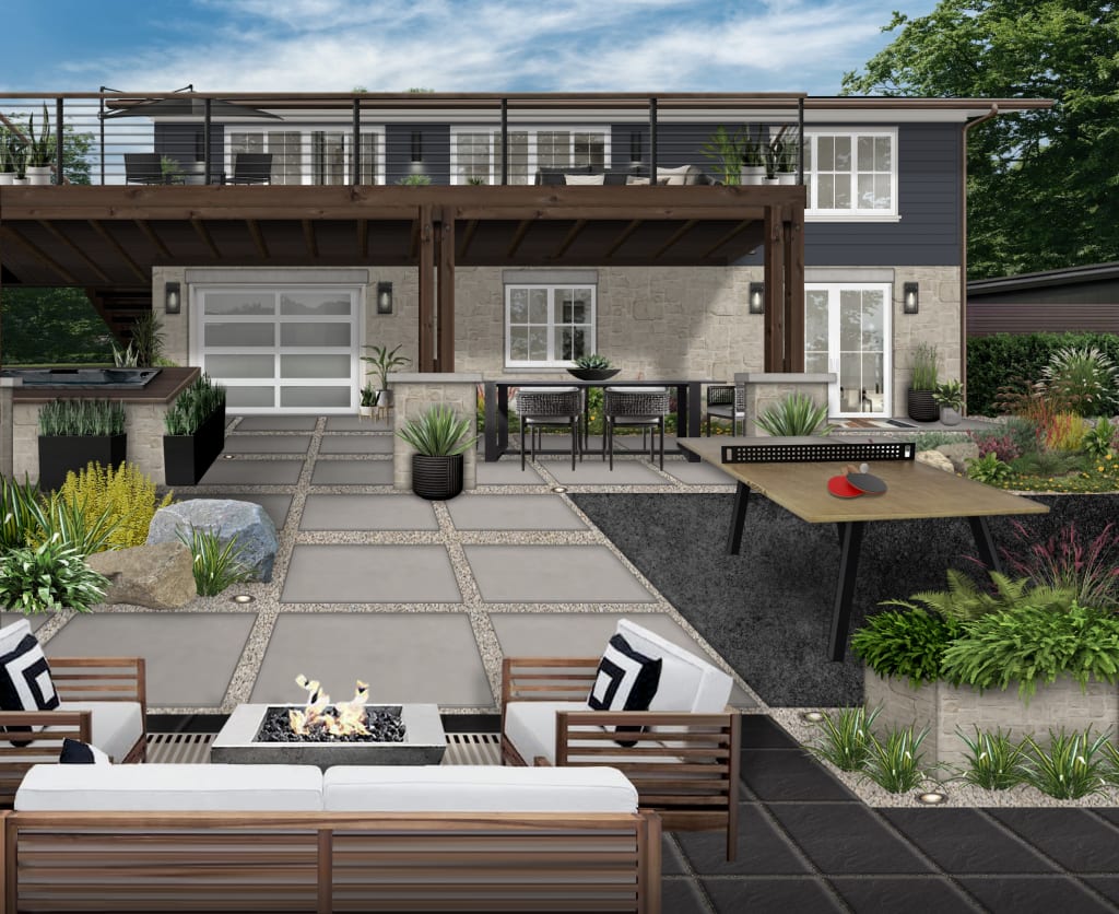 A rendering of a backyard with a lounge area and ping pong table