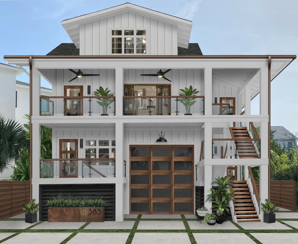 Digital rendering of a home exterior with white vertical siding and wooden accents.