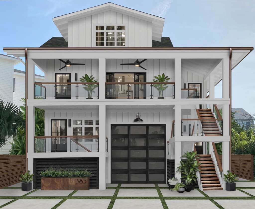 Digital rendering of a beach cottage exterior with white vertical siding and black and wooden accents.
