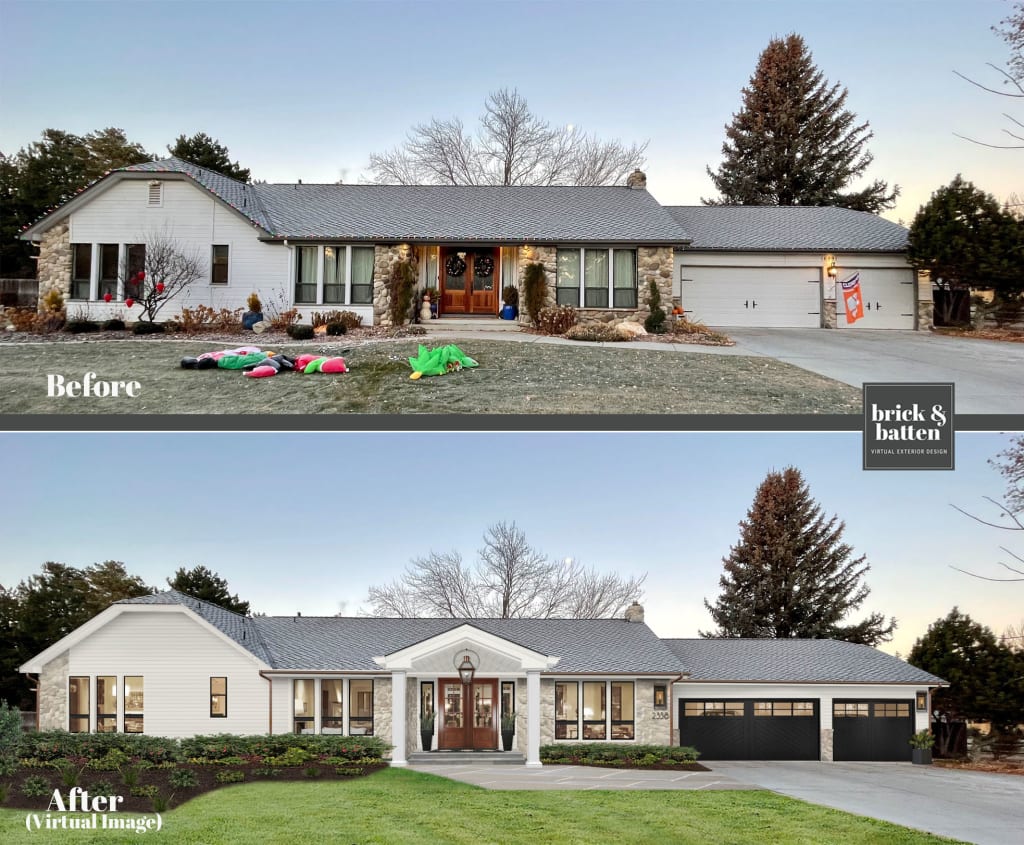 before-and-after of a modern ranch home