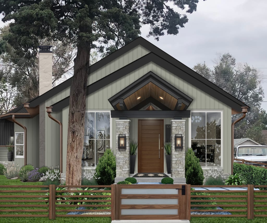 A home rendered in Sherwin Williams' Evergreen Fog