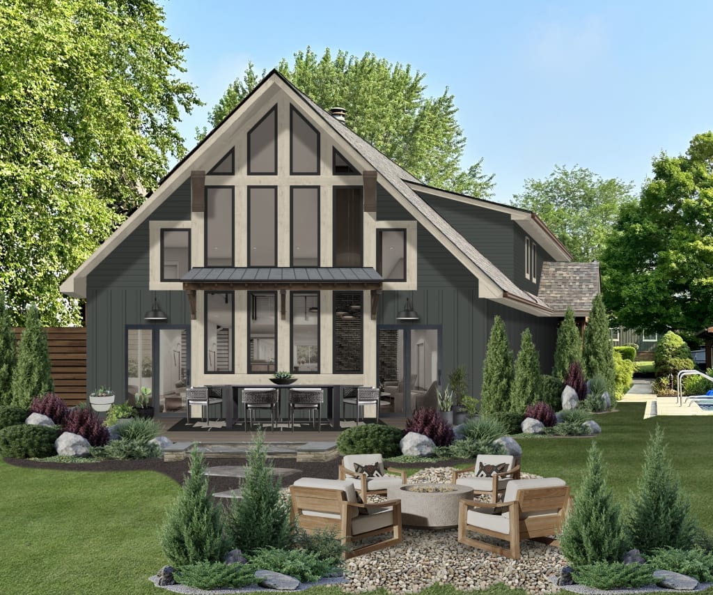 Modern A-frame cabin in a wooded setting, with beige trim and black lighting.