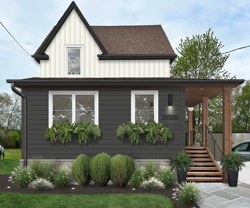 A rendering of a home with two siding colors