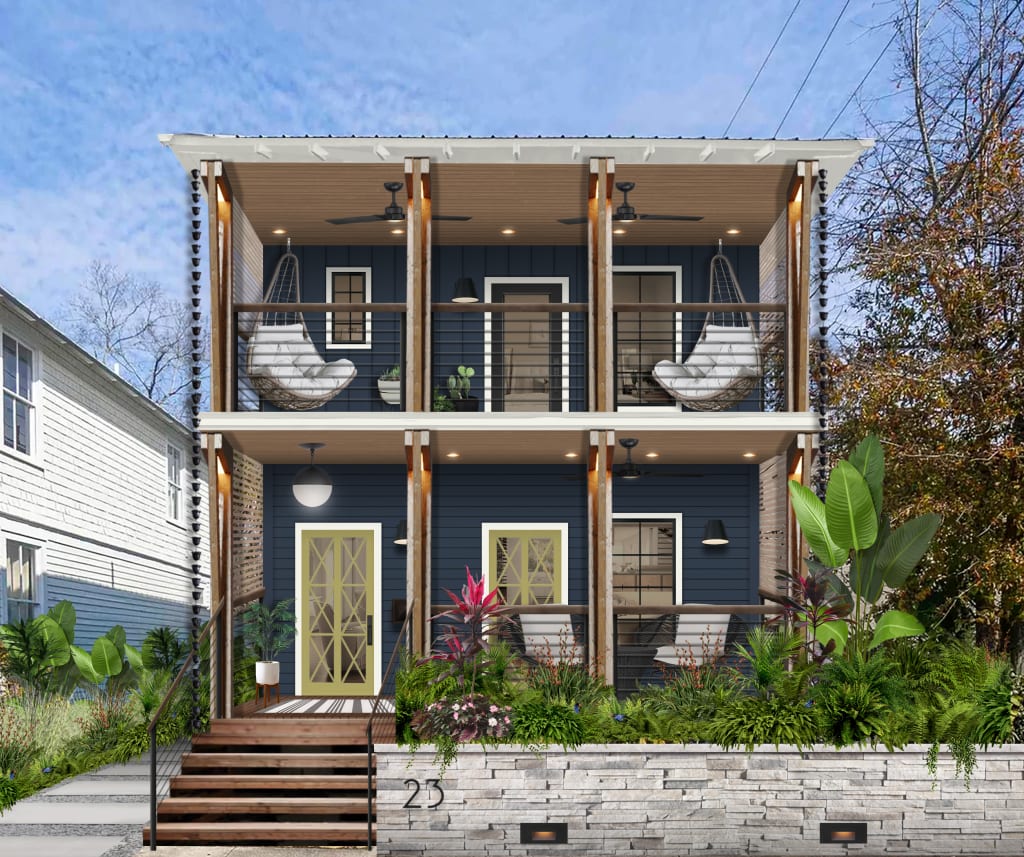 A two-story home rendered in Naval by Sherwin Williams