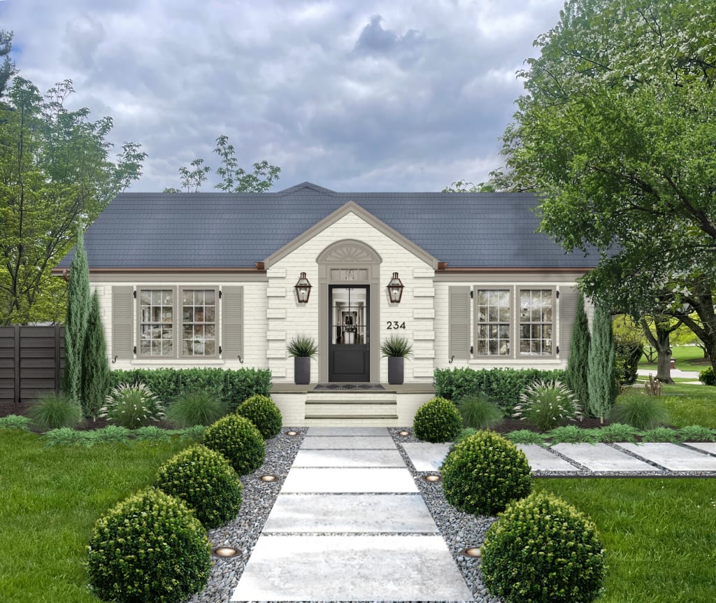 off white painted home with quoin details on exterior
